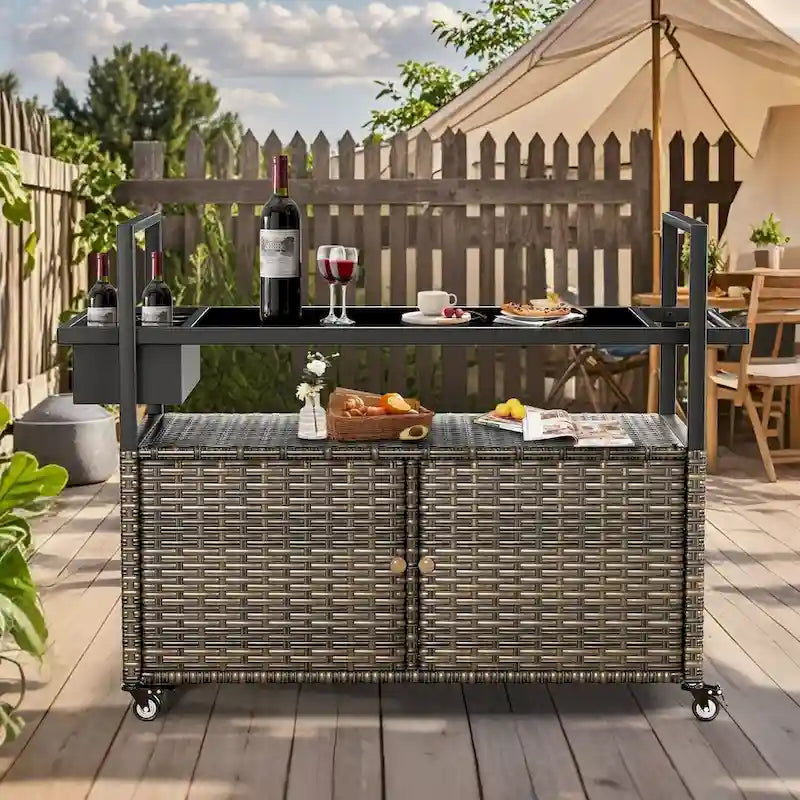 Table Chariot de Barbecue Extérieur avec Roues, Îlot de Cuisine en Osier