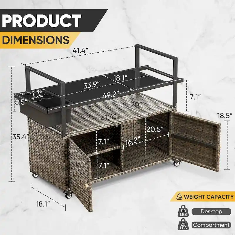Table Chariot de Barbecue Extérieur avec Roues, Îlot de Cuisine en Osier