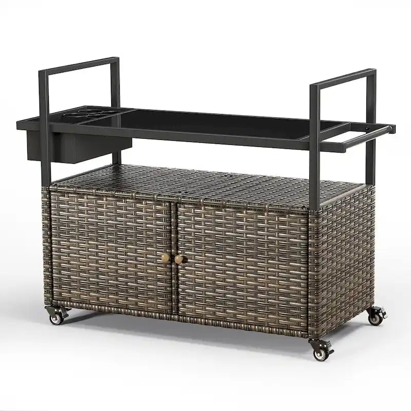 Table Chariot de Barbecue Extérieur avec Roues, Îlot de Cuisine en Osier