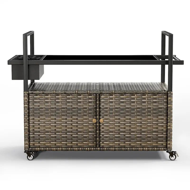Table Chariot de Barbecue Extérieur avec Roues, Îlot de Cuisine en Osier