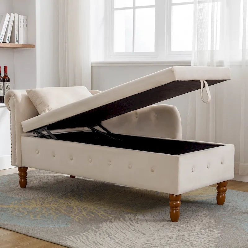 Chaise longue de rangement en velours avec accoudoir roulé en tissu moderne