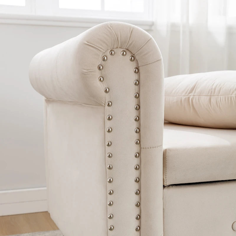Chaise longue de rangement en velours avec accoudoir roulé en tissu moderne