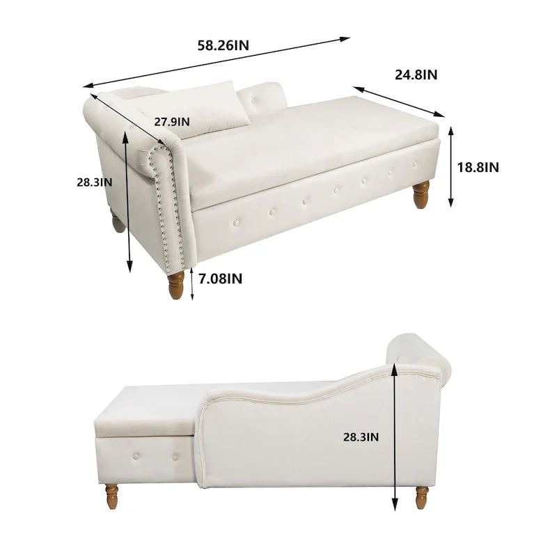Chaise longue de rangement en velours avec accoudoir roulé en tissu moderne