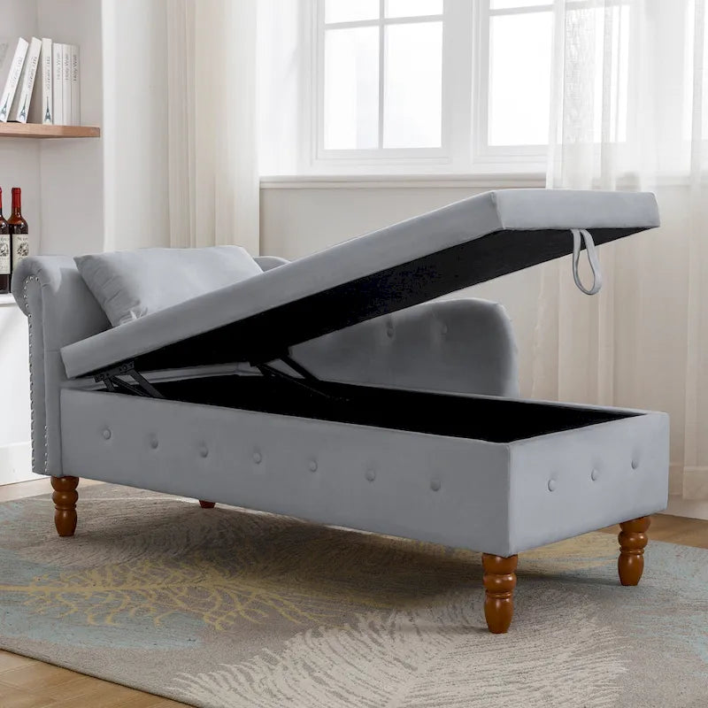 Chaise longue de rangement en velours avec accoudoir roulé en tissu moderne