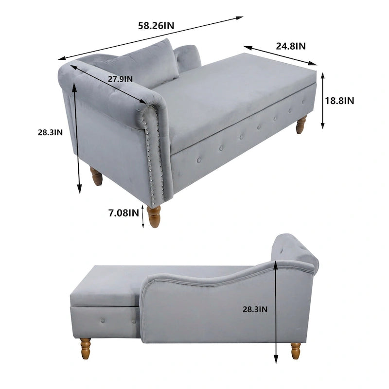 Chaise longue de rangement en velours avec accoudoir roulé en tissu moderne