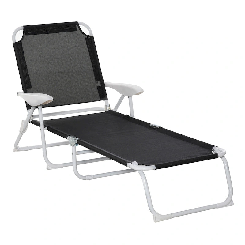 Folding Chaise Lounge, Outdoor Sun Tanning Chair, 4-Position Reclining Back, Armrests
