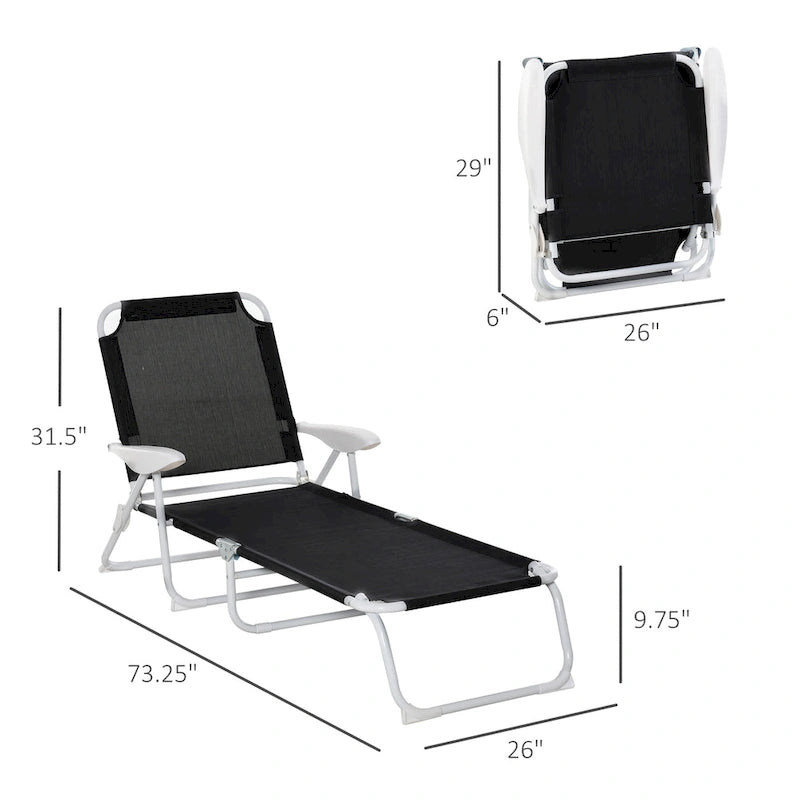 Chaise longue pliante, chaise longue de bronzage extérieur, dossier inclinable 4 positions, accoudoirs