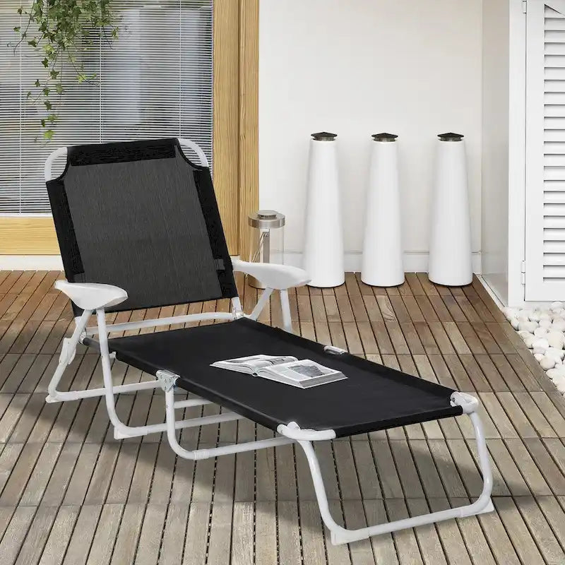 Chaise longue pliante, chaise longue de bronzage extérieur, dossier inclinable 4 positions, accoudoirs
