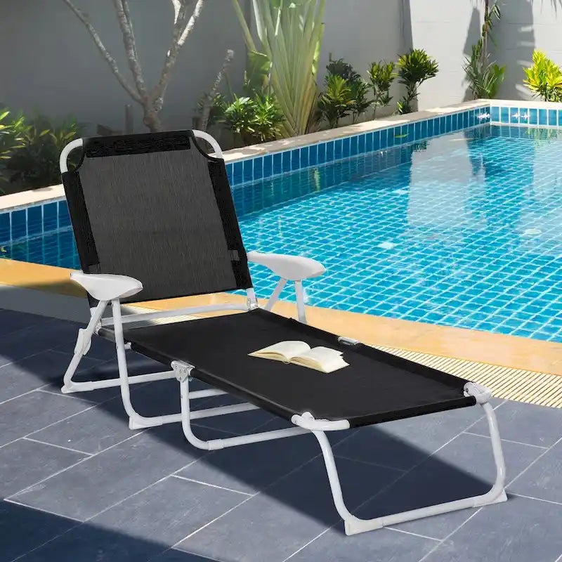 Chaise longue pliante, chaise longue de bronzage extérieur, dossier inclinable 4 positions, accoudoirs