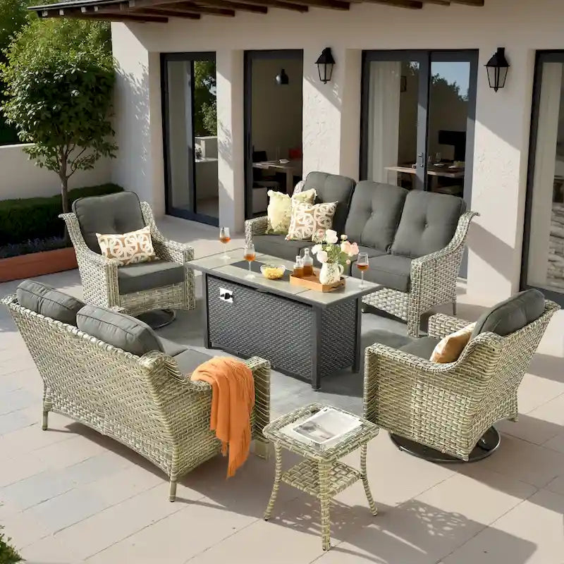 Ensemble de meubles de patio en osier XIZZI 6 pièces avec table foyer