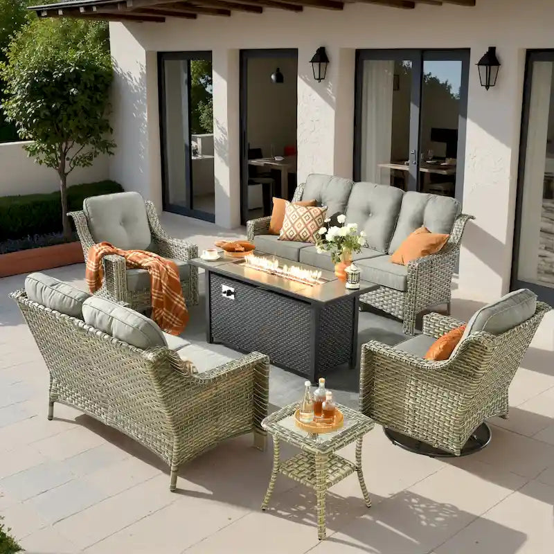 Ensemble de meubles de patio en osier XIZZI 6 pièces avec table foyer