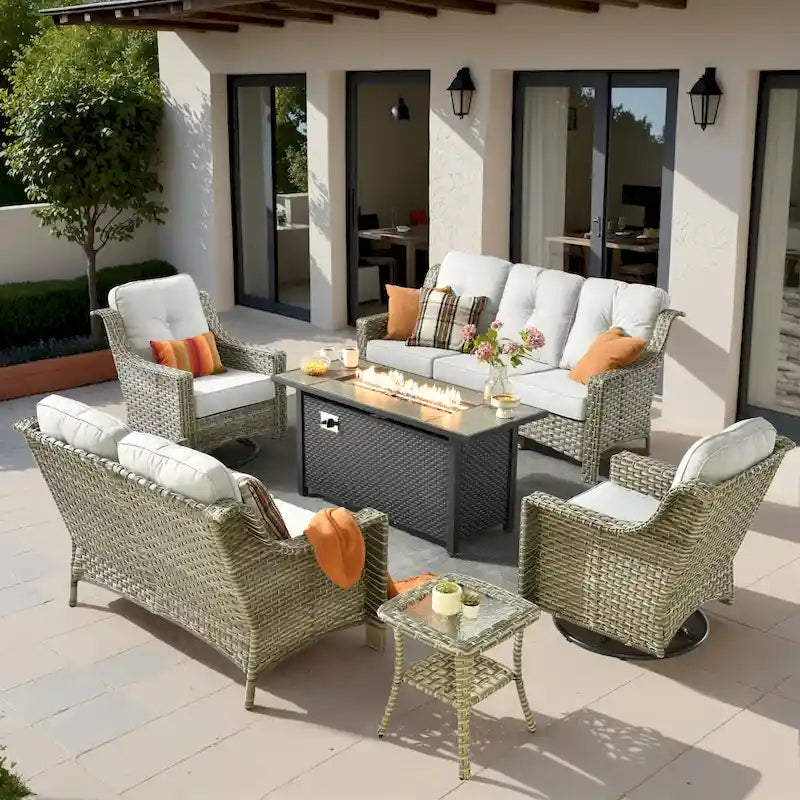 Ensemble de meubles de patio en osier XIZZI 6 pièces avec table foyer
