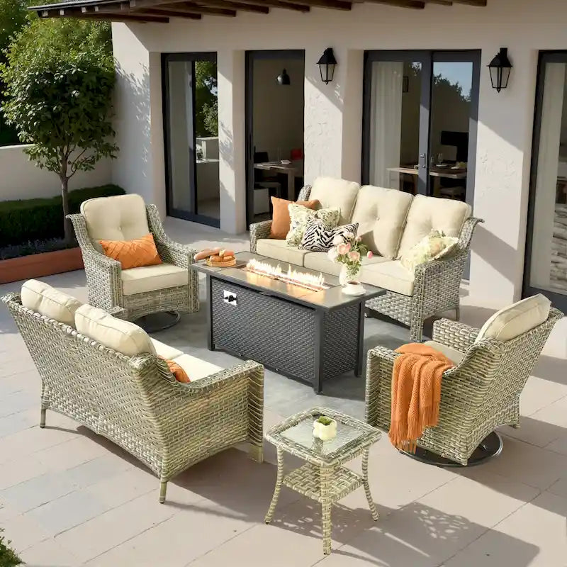 Ensemble de meubles de patio en osier XIZZI 6 pièces avec table foyer