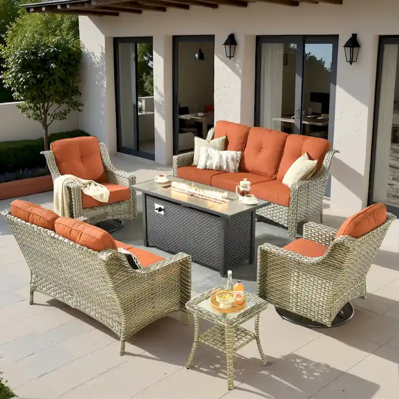Ensemble de meubles de patio en osier XIZZI 6 pièces avec table foyer