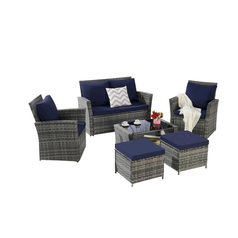 Ensembles de meubles de patio en osier 6 pièces avec table basse en verre trempé et ottoman