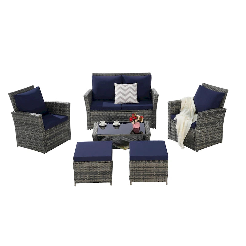 Ensembles de meubles de patio en osier 6 pièces avec table basse en verre trempé et ottoman