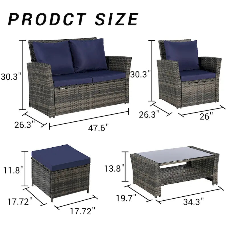 Ensembles de meubles de patio en osier 6 pièces avec table basse en verre trempé et ottoman