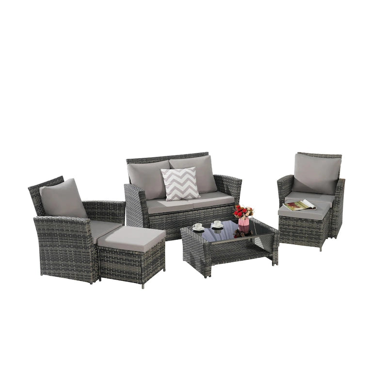 Ensembles de meubles de patio en osier 6 pièces avec table basse en verre trempé et ottoman