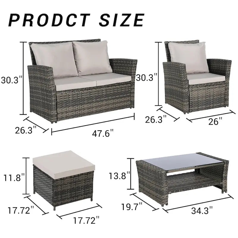 Ensembles de meubles de patio en osier 6 pièces avec table basse en verre trempé et ottoman
