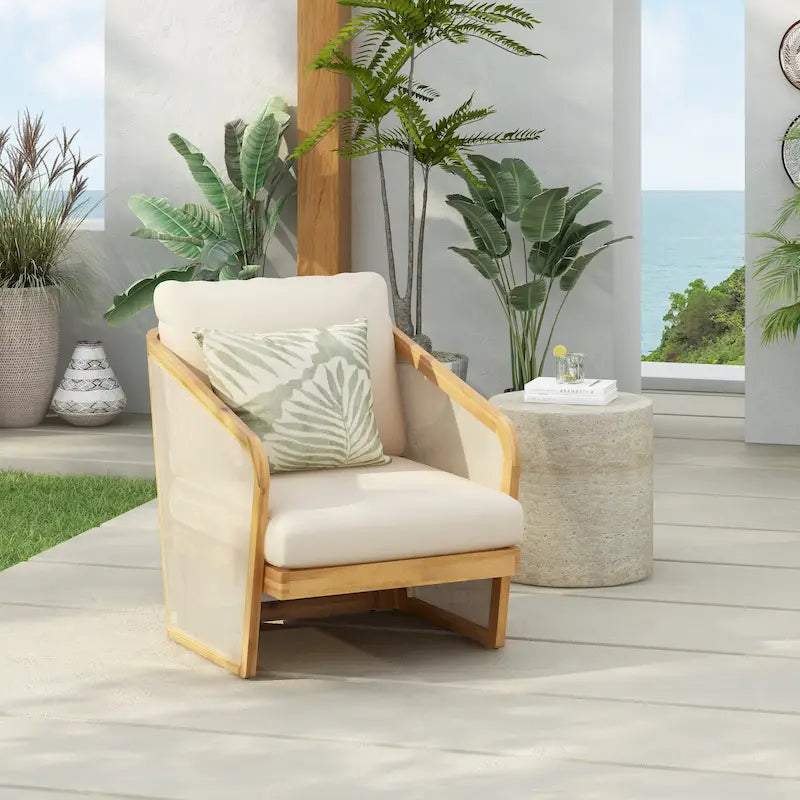 Fauteuil de club en bois et textilène Lenrn avec cadre en acacia et coussins résistants à l'eau par Christopher Knight Home