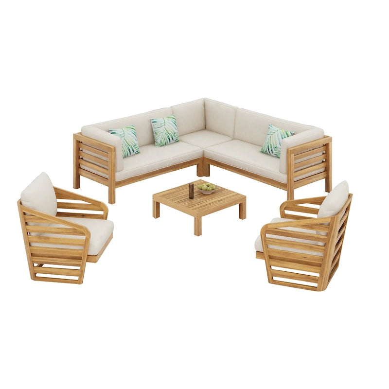Ensemble de canapé d'angle en acacia Oana Outdoor 5 places en forme de V de style milieu du siècle avec fauteuil club par Christopher Knight Home