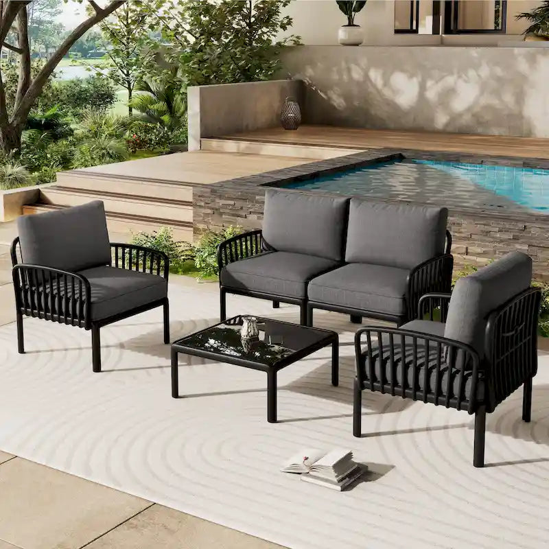 Christopher Knight Home - Ensemble de patio extérieur Ashton 4 pièces avec sièges profonds modulaires et table basse, conception résistante aux intempéries