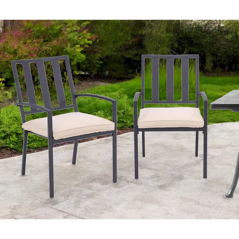 Lot de deux chaises de salle à manger empilables d'extérieur en aluminium gris foncé avec coussin beige