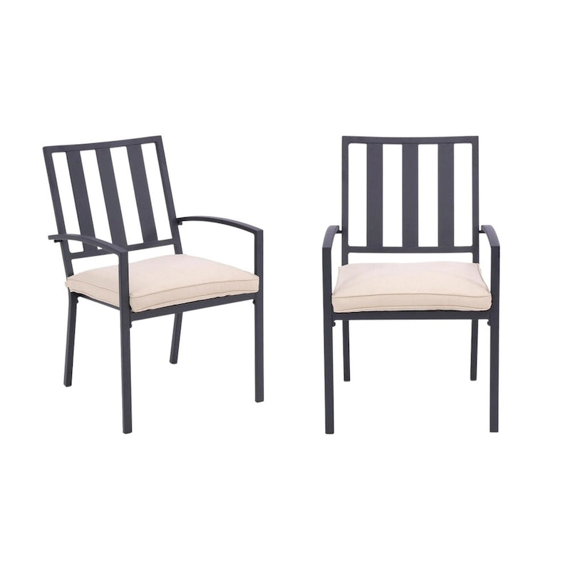 Lot de deux chaises de salle à manger empilables d'extérieur en aluminium gris foncé avec coussin beige