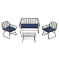 Ensemble de patio 4 pièces en osier avec table en verre trempé et coussins bleus amovibles