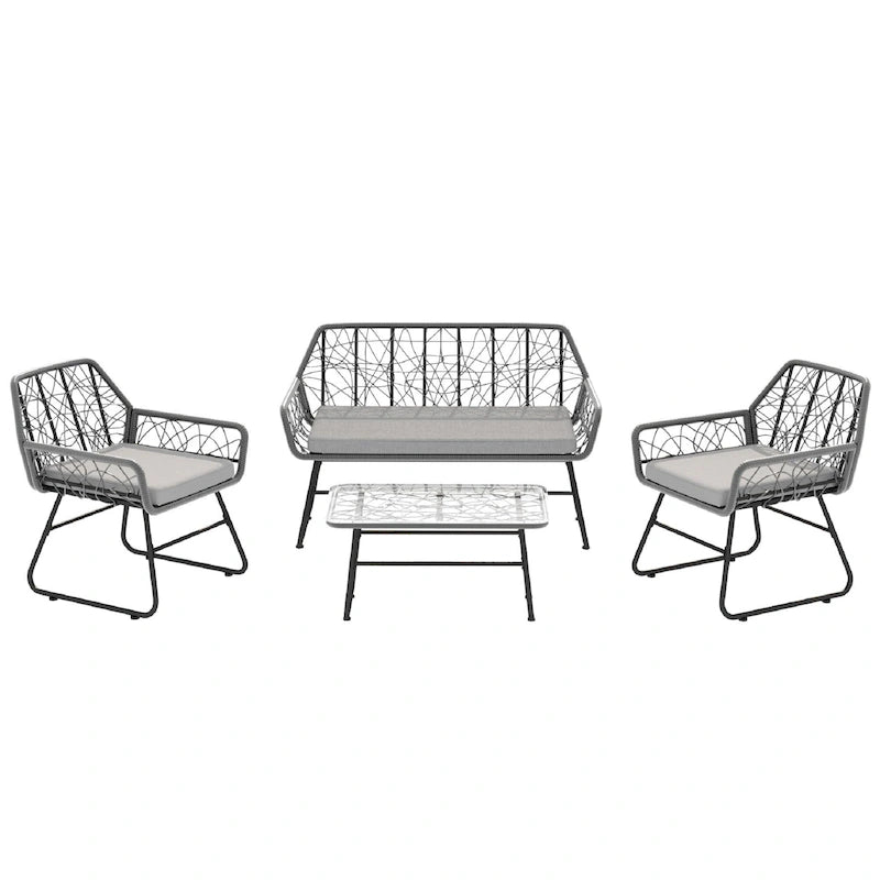 Ensemble de patio 4 pièces en osier avec table en verre trempé et coussins bleus amovibles