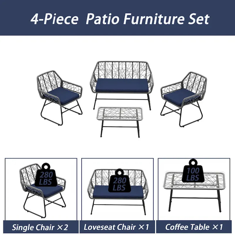 Ensemble de patio 4 pièces en osier avec table en verre trempé et coussins bleus amovibles