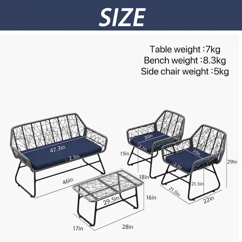 Ensemble de patio 4 pièces en osier avec table en verre trempé et coussins bleus amovibles