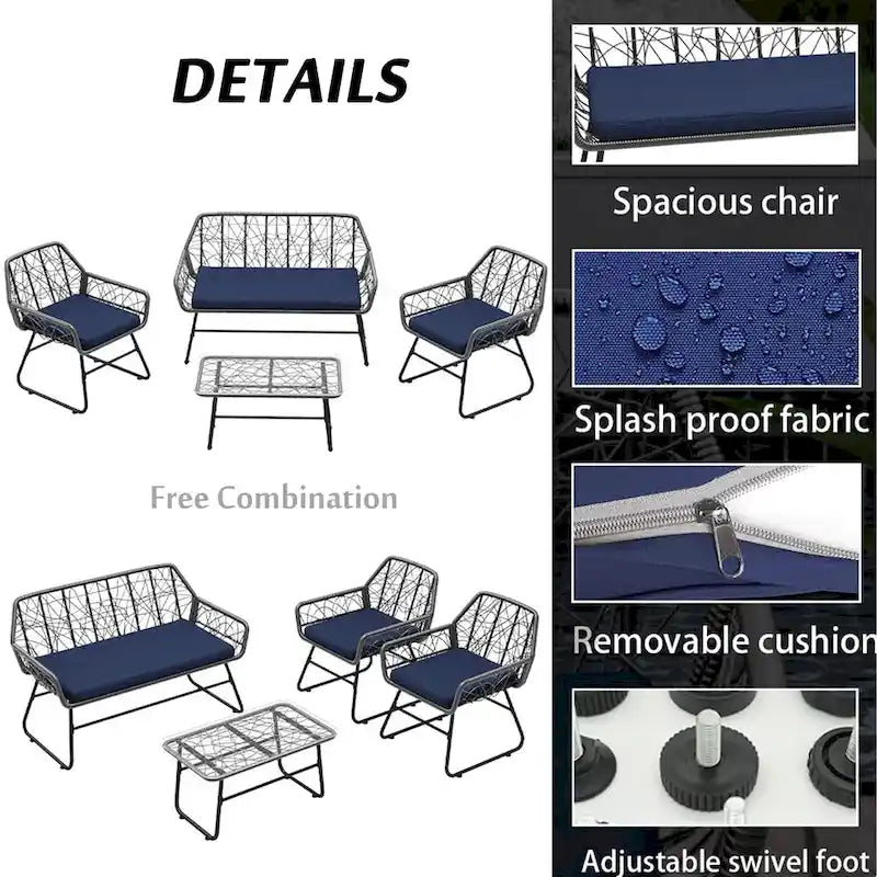 Ensemble de patio 4 pièces en osier avec table en verre trempé et coussins bleus amovibles