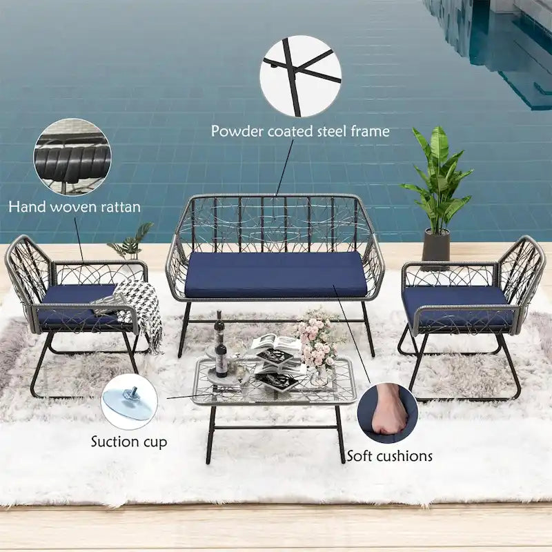 Ensemble de patio 4 pièces en osier avec table en verre trempé et coussins bleus amovibles