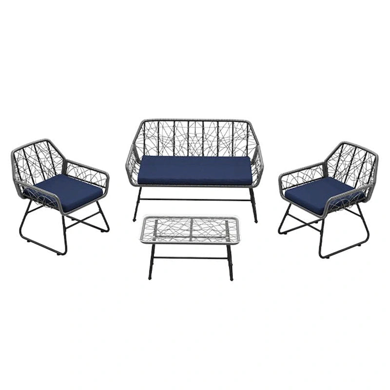 Ensemble de patio 4 pièces en osier avec table en verre trempé et coussins bleus amovibles