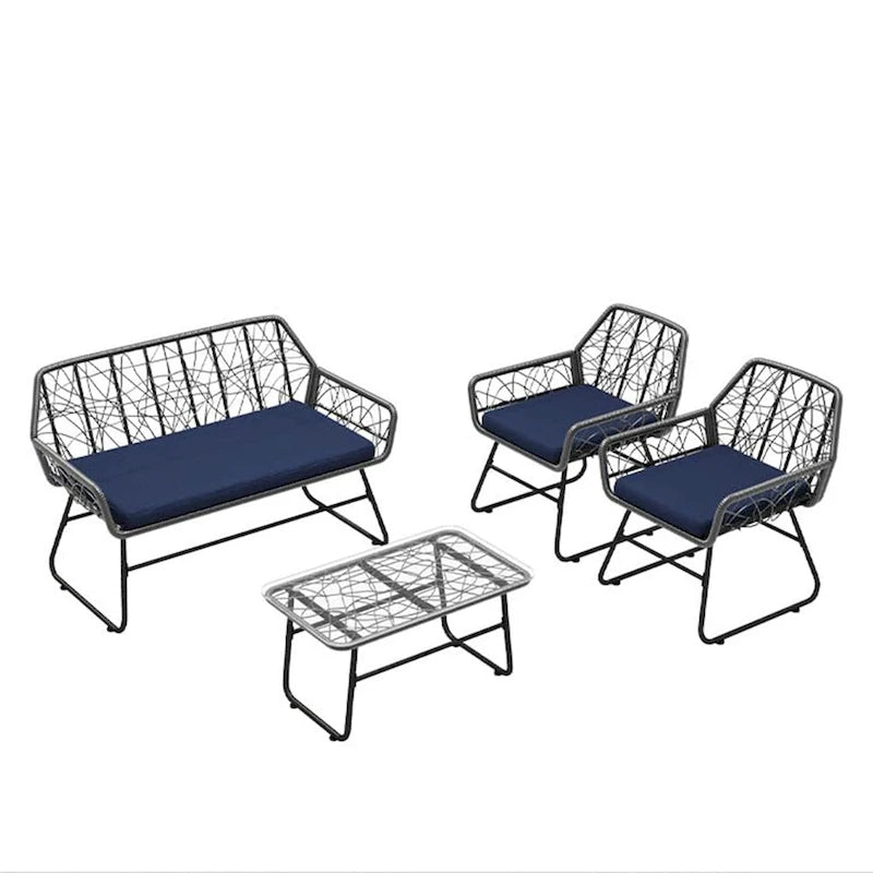 Ensemble de patio 4 pièces en osier avec table en verre trempé et coussins bleus amovibles