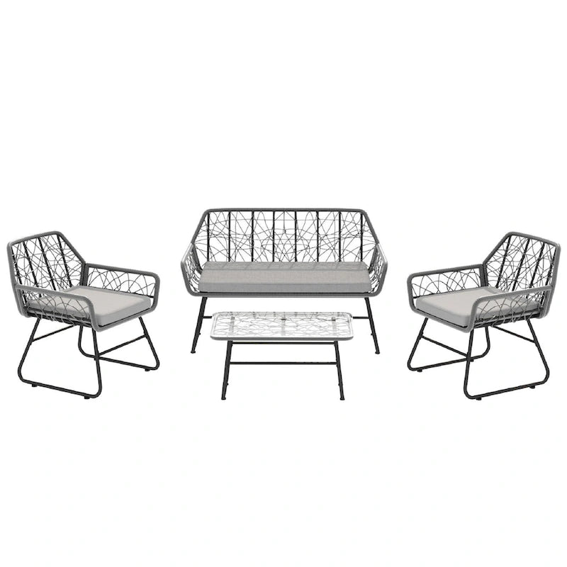 Ensemble de patio 4 pièces en osier avec table en verre trempé et coussins bleus amovibles