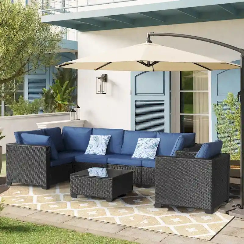 Ensembles de mobilier de patio 7 pièces avec coussins bleus et table basse