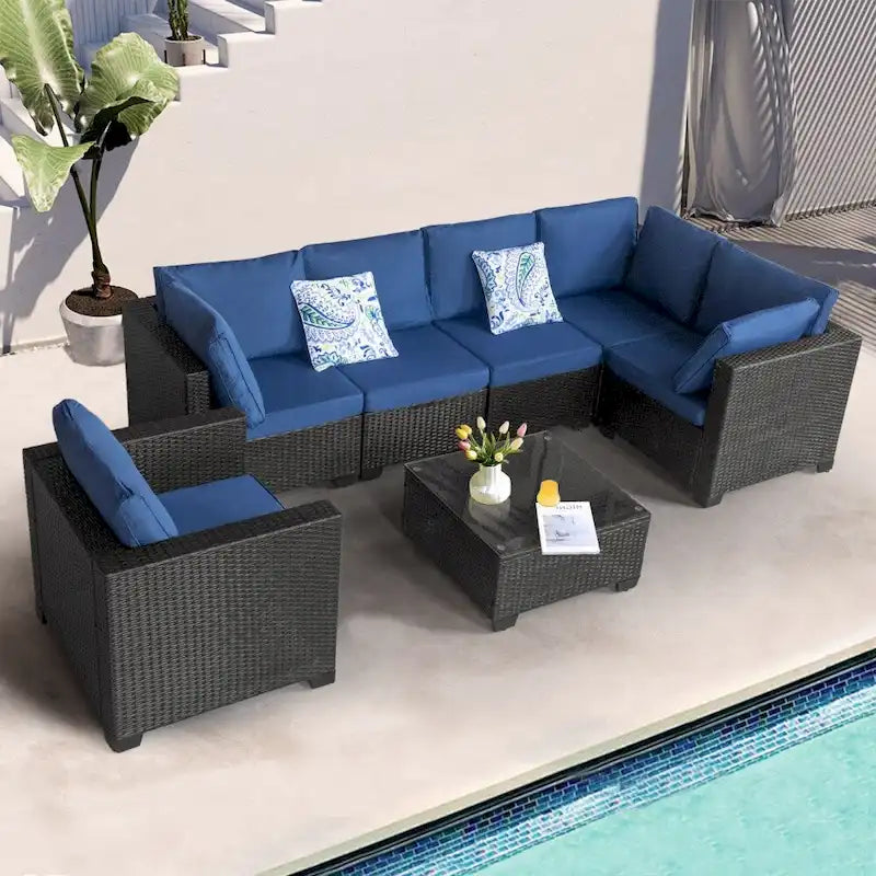 Ensembles de mobilier de patio 7 pièces avec coussins bleus et table basse