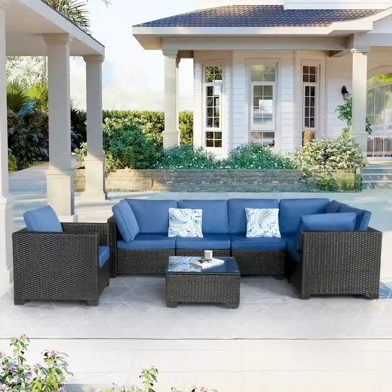 Ensembles de mobilier de patio 7 pièces avec coussins bleus et table basse