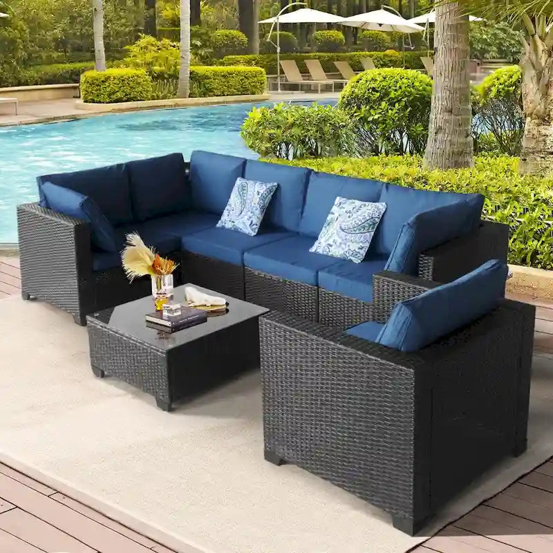 Ensembles de mobilier de patio 7 pièces avec coussins bleus et table basse