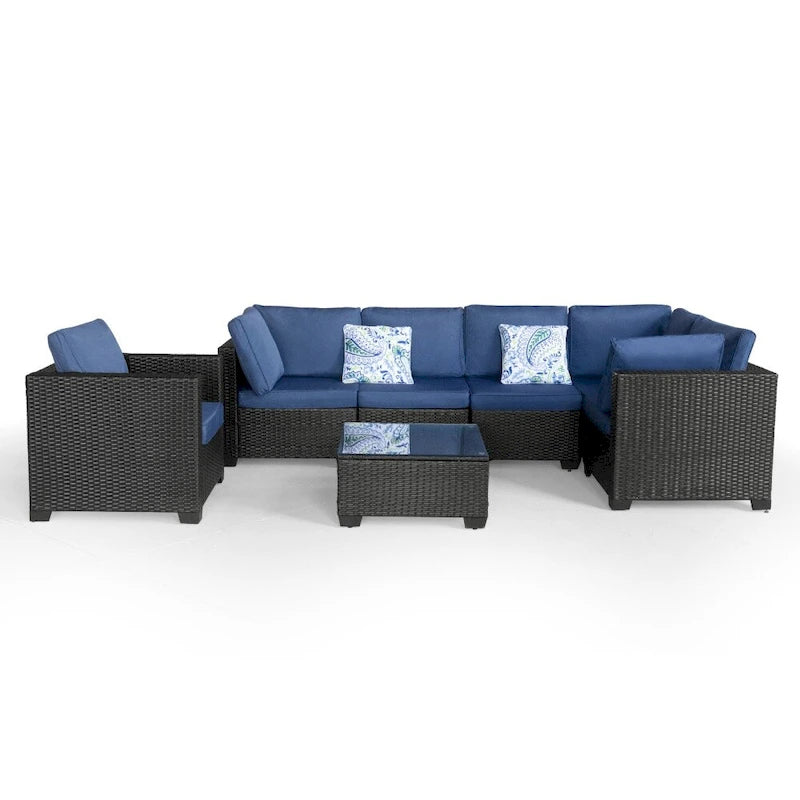 Ensembles de mobilier de patio 7 pièces avec coussins bleus et table basse