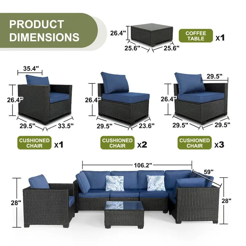 Ensembles de mobilier de patio 7 pièces avec coussins bleus et table basse