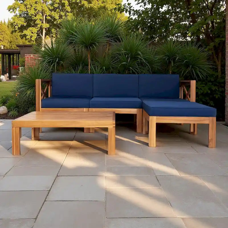 Ensemble de canapés de jardin modulables 5 pièces en bois massif avec table basse et coussins