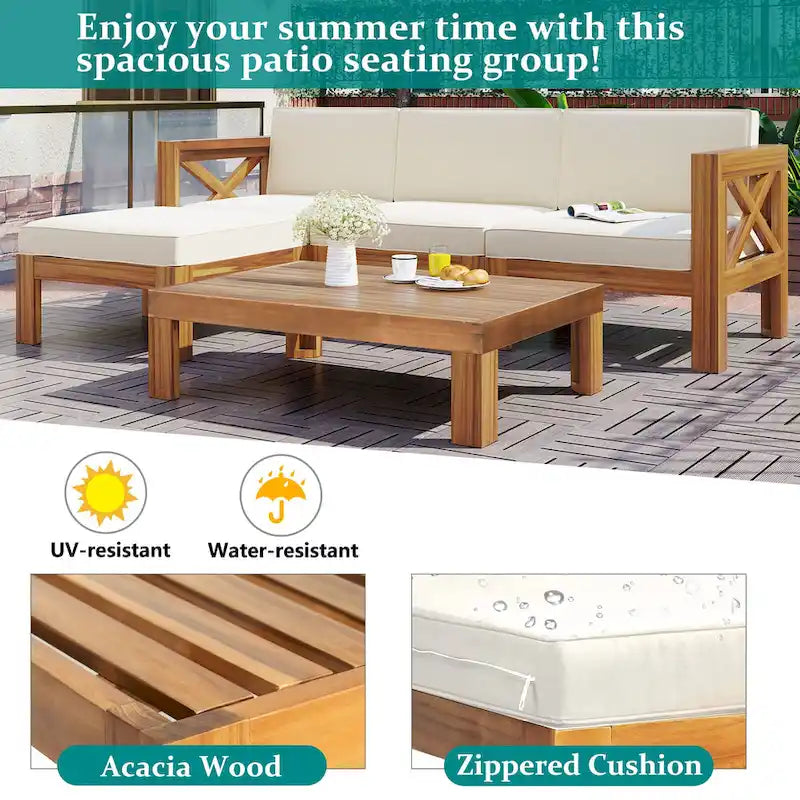 Ensemble de canapés de jardin modulables 5 pièces en bois massif avec table basse et coussins