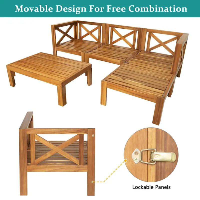 Ensemble de canapés de jardin modulables 5 pièces en bois massif avec table basse et coussins