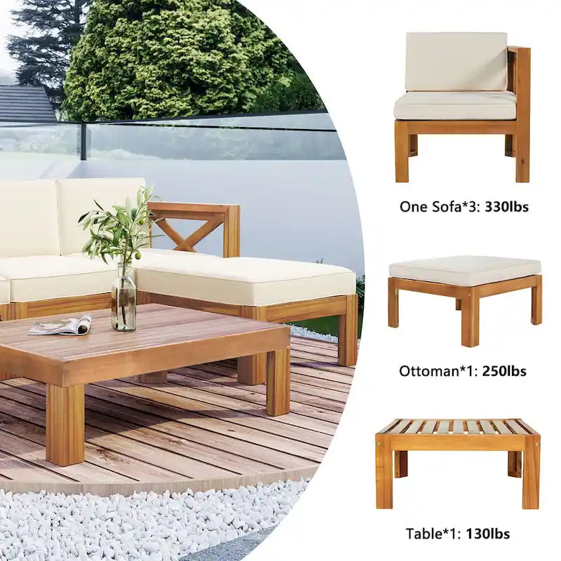 Ensemble de canapés de jardin modulables 5 pièces en bois massif avec table basse et coussins