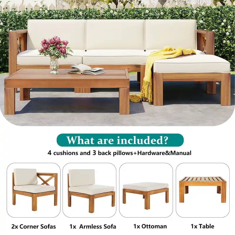 Ensemble de canapés de jardin modulables 5 pièces en bois massif avec table basse et coussins