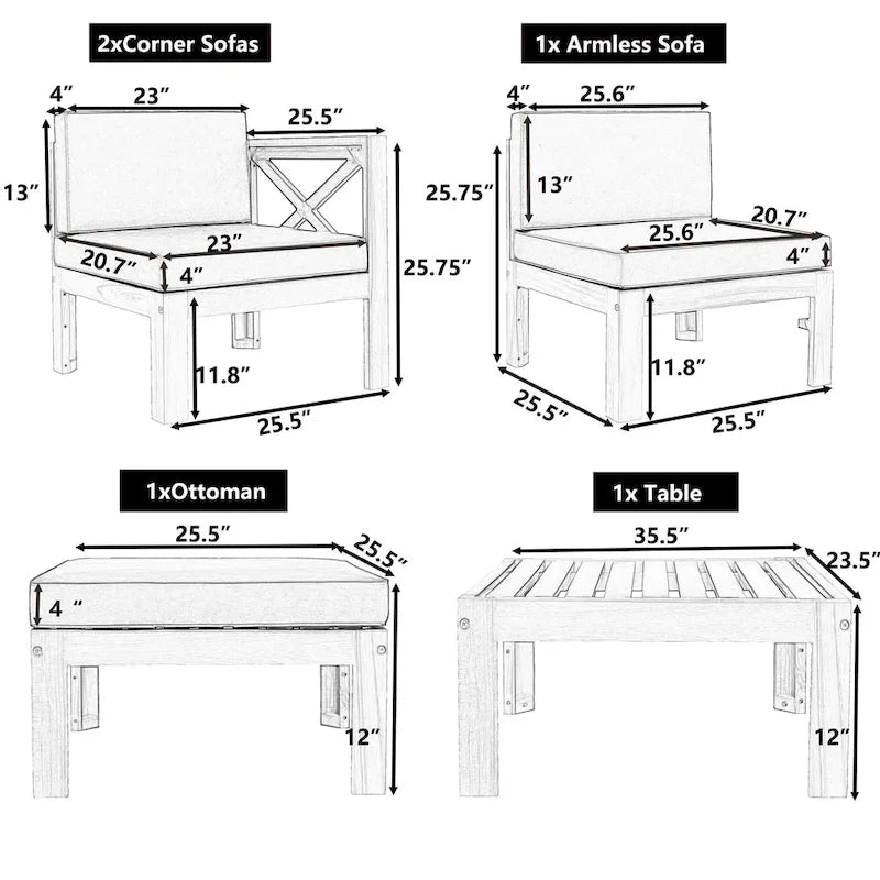 Ensemble de canapés de jardin modulables 5 pièces en bois massif avec table basse et coussins