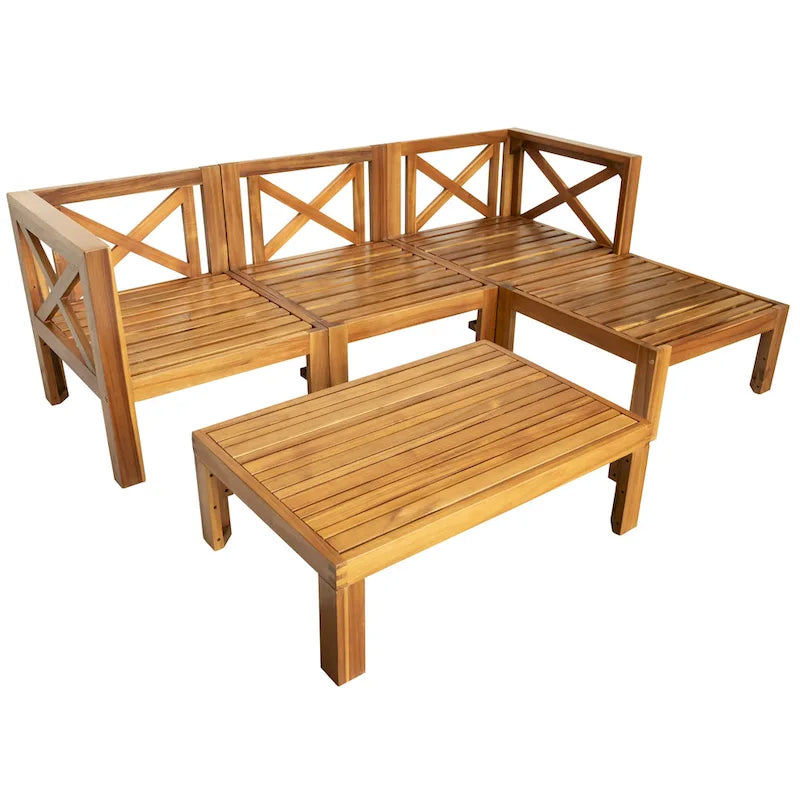 Ensemble de canapés de jardin modulables 5 pièces en bois massif avec table basse et coussins